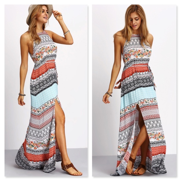 Multicolor Vintage Boho Print Slit Maxi Dress - Picture 6 of 8
